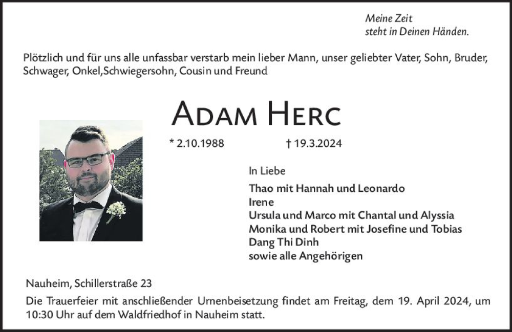  Traueranzeige für Adam Herc vom 30.03.2024 aus Rüsselsheimer Echo