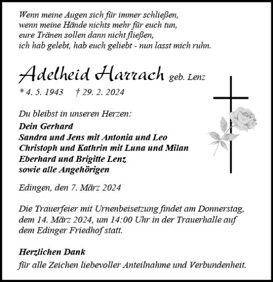 Traueranzeige von Adelheid Harrach von Wetzlarer Neue Zeitung