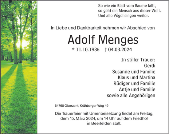 Traueranzeige von Adolf Menges von Odenwälder Echo