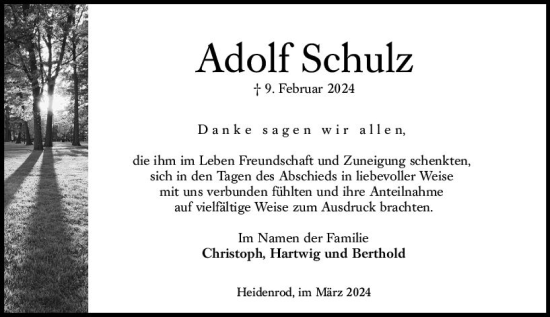 Traueranzeige von Adolf Schulz von Wiesbadener Kurier