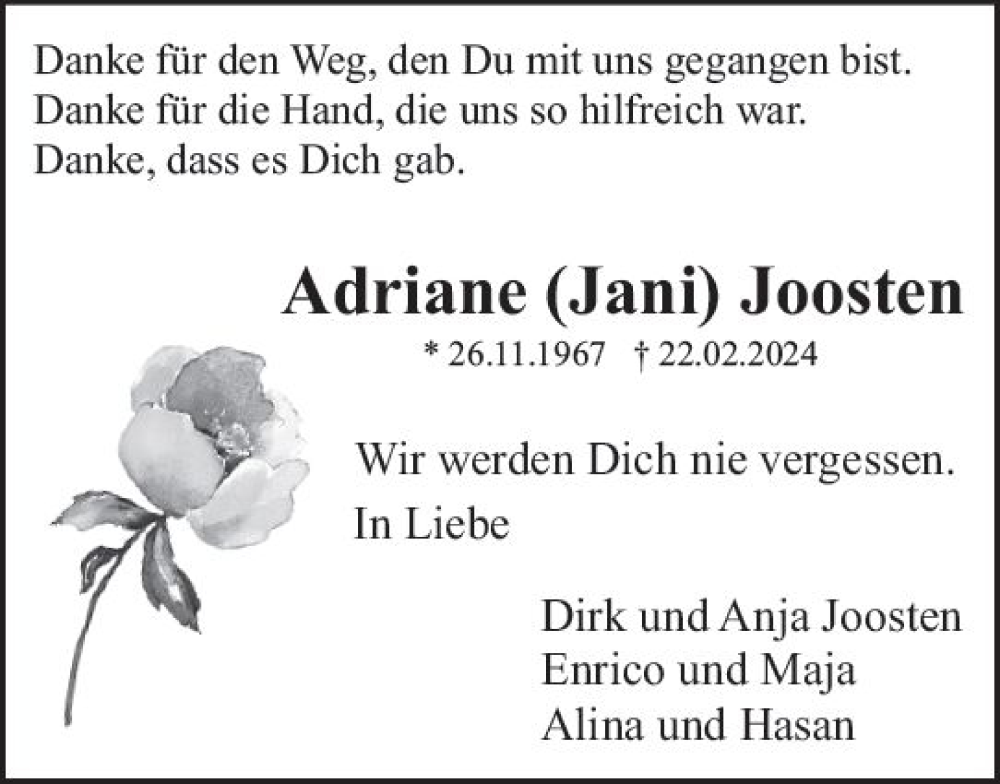  Traueranzeige für Adriane Joosten vom 02.03.2024 aus Odenwälder Echo