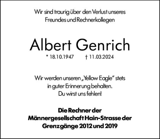 Traueranzeige von Albert Genrich von Hinterländer Anzeiger