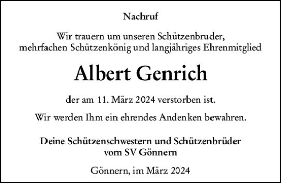 Traueranzeige von Albert Genrich von Hinterländer Anzeiger