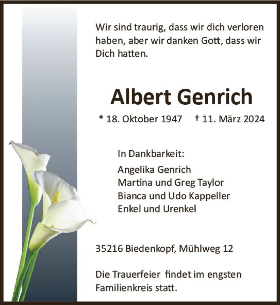  Traueranzeige für Albert Genrich vom 15.03.2024 aus Hinterländer Anzeiger
