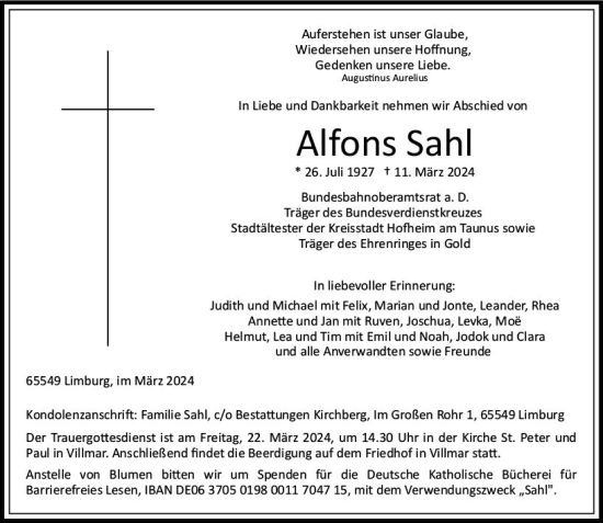 Traueranzeige von Alfons Sahl von Nassauische Neue Presse