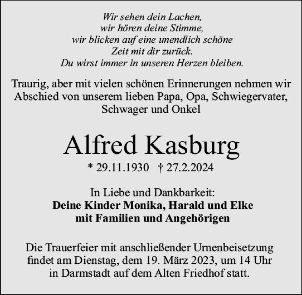  Traueranzeige für Alfred Kasburg vom 09.03.2024 aus Darmstädter Echo