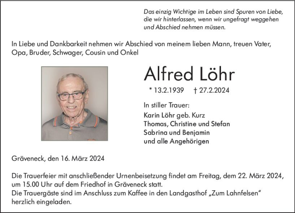  Traueranzeige für Alfred Löhr vom 16.03.2024 aus Weilburger Tageblatt