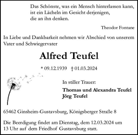 Traueranzeige von Alfred Teufel von Allgemeine Zeitung Mainz