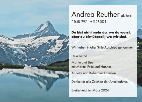 Traueranzeige von Andrea Reuther von Dill Block