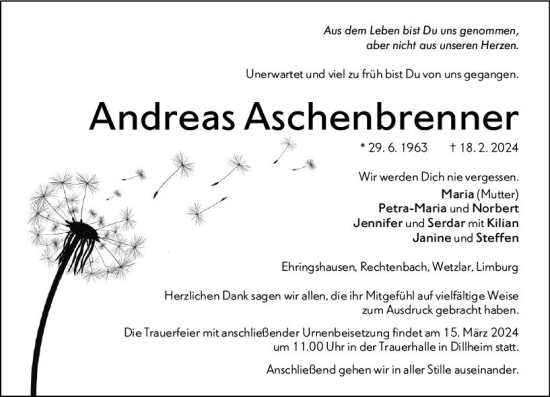 Traueranzeige von Andreas Aschenbrenner von Wetzlarer Neue Zeitung