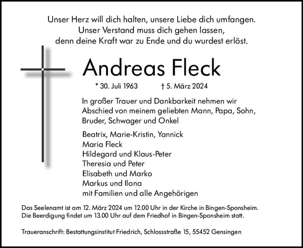 Traueranzeige für Andreas Fleck vom 09.03.2024 aus Allgemeine Zeitung Bingen/Ingelheim