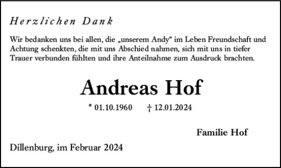 Traueranzeige von Andreas Hof von Dill Block
