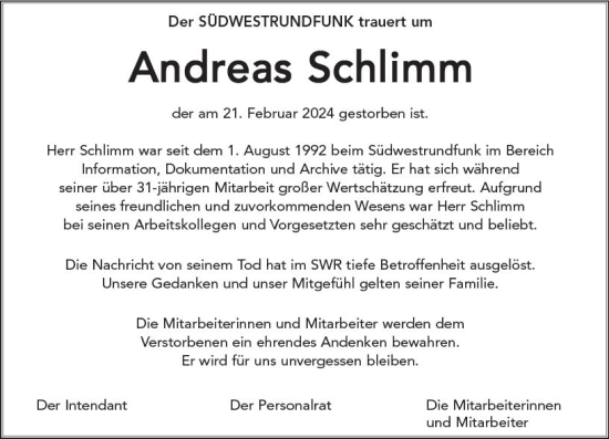 Traueranzeige von Andreas Schlimm von Allgemeine Zeitung Mainz