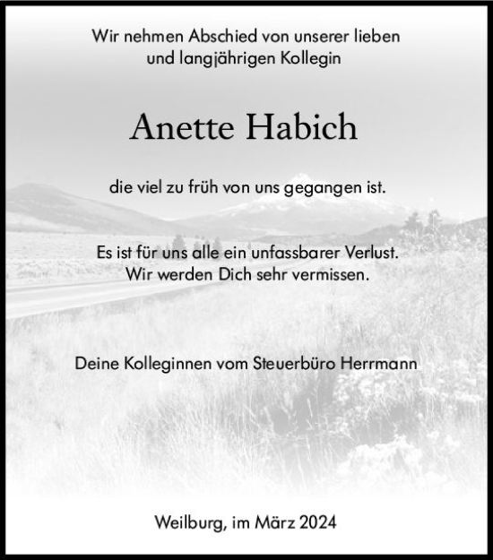 Traueranzeige von Anette Habich von Weilburger Tageblatt