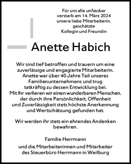 Traueranzeige von Anette Habich von Weilburger Tageblatt