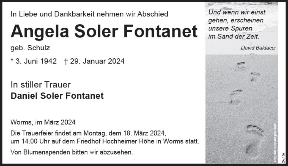  Traueranzeige für Angela Soler Fontanet vom 09.03.2024 aus Wormser Zeitung