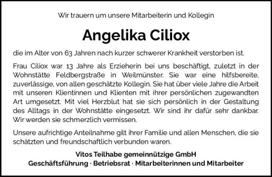 Traueranzeige von Angelika Ciliox von Weilburger Tageblatt