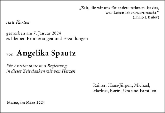 Traueranzeige von Angelika Spautz von Allgemeine Zeitung Mainz