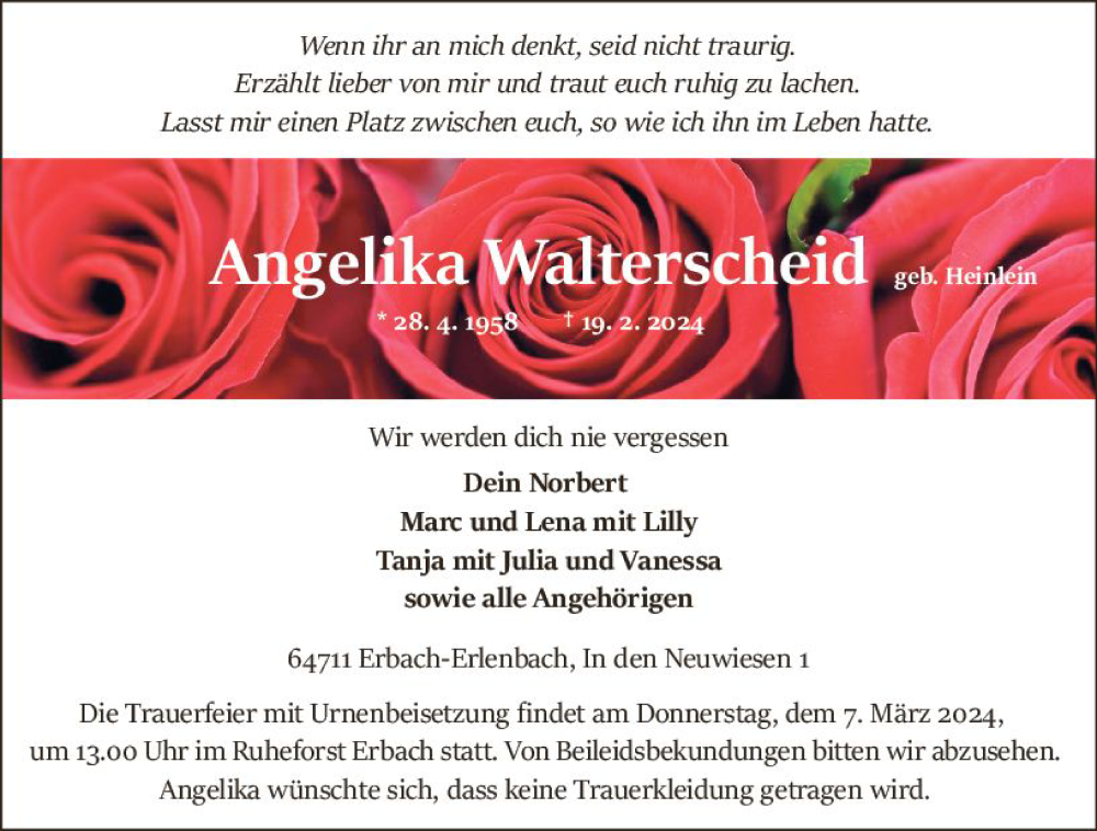  Traueranzeige für Angelika Walterscheid vom 02.03.2024 aus Odenwälder Echo
