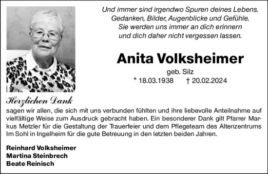 Traueranzeige von Anita Volksheimer von Allgemeine Zeitung Mainz