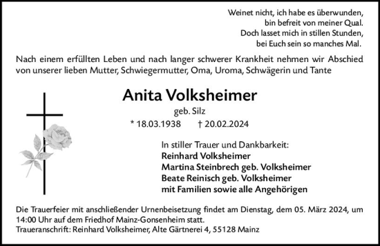 Traueranzeige von Anita Volksheimer von Allgemeine Zeitung Mainz