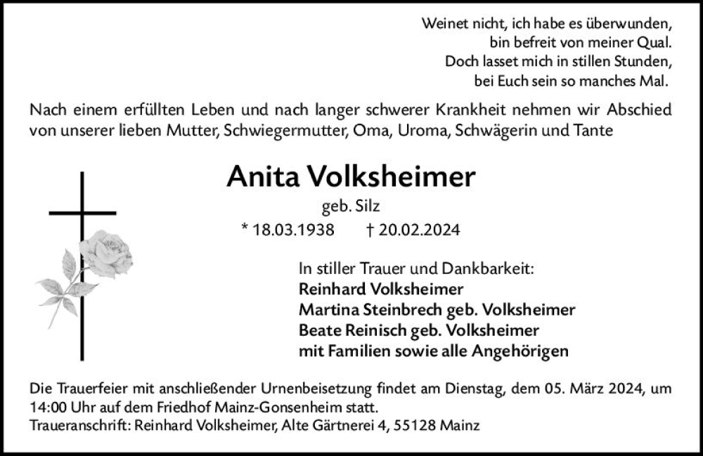  Traueranzeige für Anita Volksheimer vom 02.03.2024 aus Allgemeine Zeitung Mainz