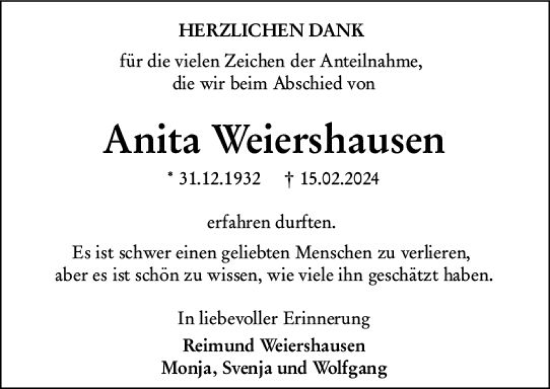 Traueranzeige von Anita Weiershausen von Dill Block