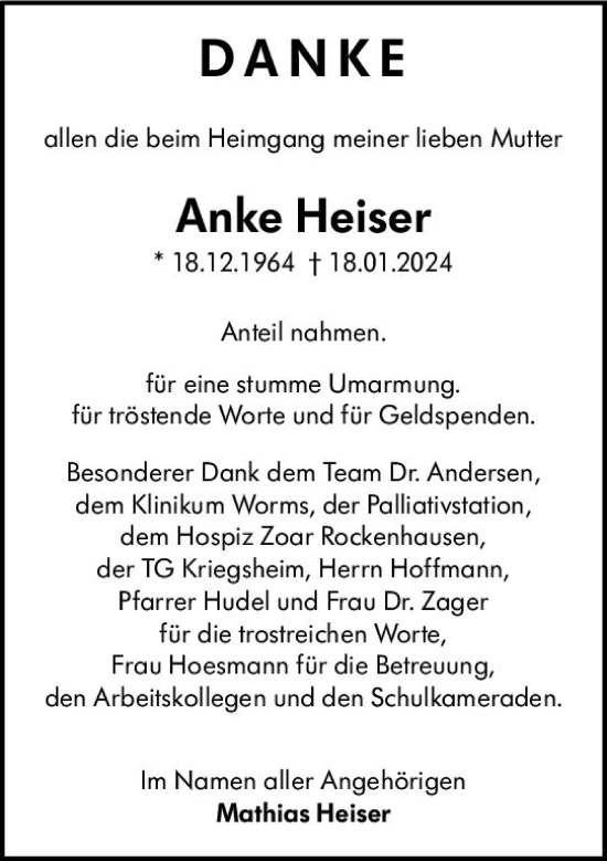 Traueranzeige von Anke Heiser von Wormser Zeitung