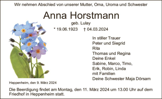 Traueranzeige von Anna Horstmann von Starkenburger Echo