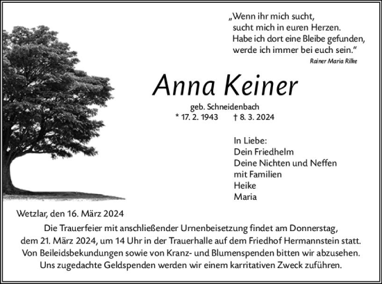 Traueranzeige von Anna Keiner von Wetzlarer Neue Zeitung