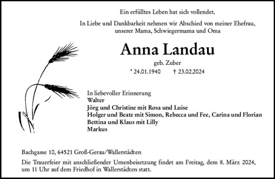 Traueranzeige von Anna Landau von Groß-Gerauer Echo
