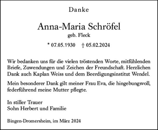 Traueranzeige von Anna-Maria Schröfel von Allgemeine Zeitung Bingen/Ingelheim