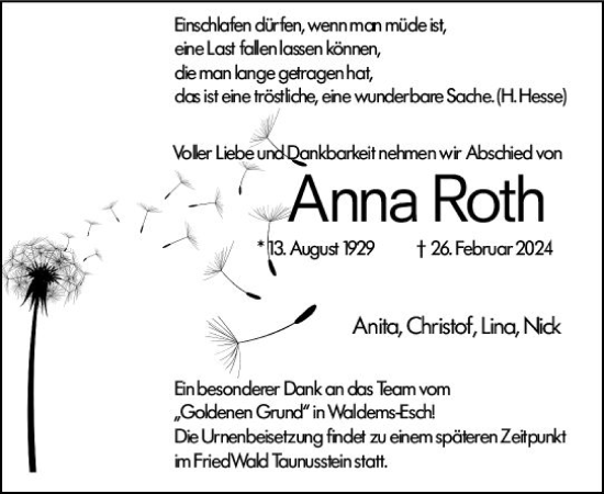 Traueranzeige von Anna Roth von Idsteiner Land/Untertaunus