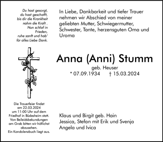 Traueranzeige von Anna Stumm von Allgemeine Zeitung Bingen/Ingelheim