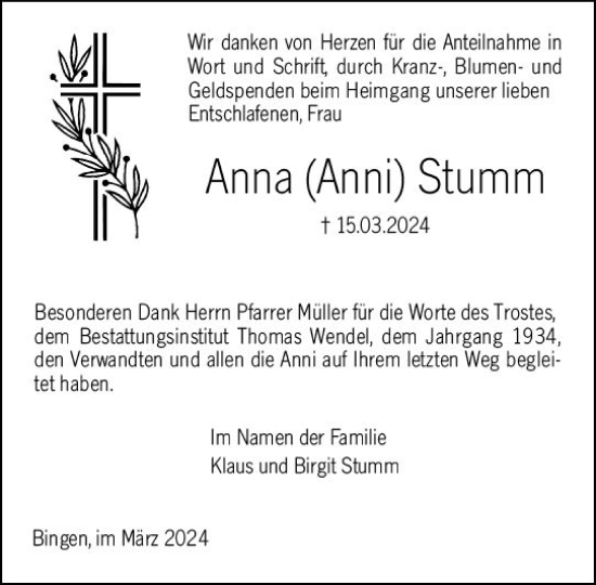 Traueranzeige von Anna Stumm von Allgemeine Zeitung Bingen/Ingelheim