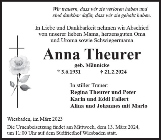 Traueranzeige von Anna Theurer von Wiesbadener Kurier