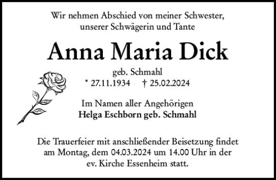 Traueranzeige von Anna Maria Dick von Allgemeine Zeitung Mainz