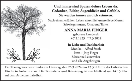 Traueranzeige von Anna Maria Finger von Rüsselsheimer Echo
