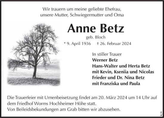 Traueranzeige von Anne Betz von Wormser Zeitung