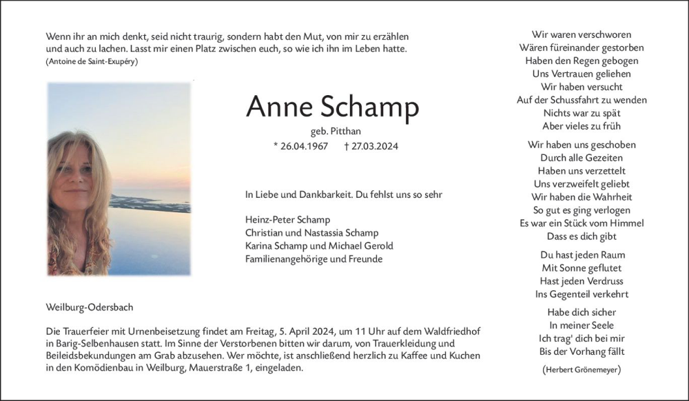  Traueranzeige für Anne Schamp vom 30.03.2024 aus Weilburger Tageblatt