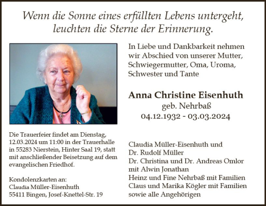 Traueranzeige von Anne Christine Eisenhuth von Allgemeine Zeitung Bingen/Ingelheim