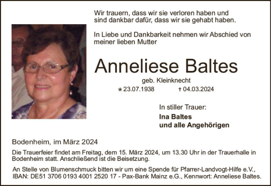 Traueranzeige von Anneliese Baltes von Allgemeine Zeitung Mainz
