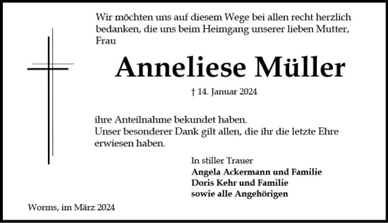 Traueranzeige von Anneliese Müller von Wormser Zeitung