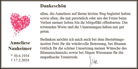 Traueranzeige von Anneliese Nauheimer von Rüsselsheimer Echo