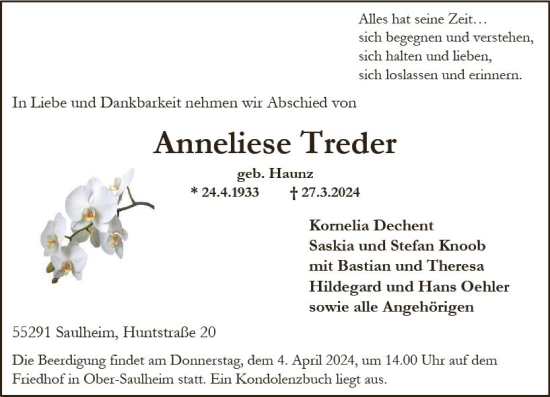 Traueranzeige von Anneliese Treder von Allgemeine Zeitung Alzey