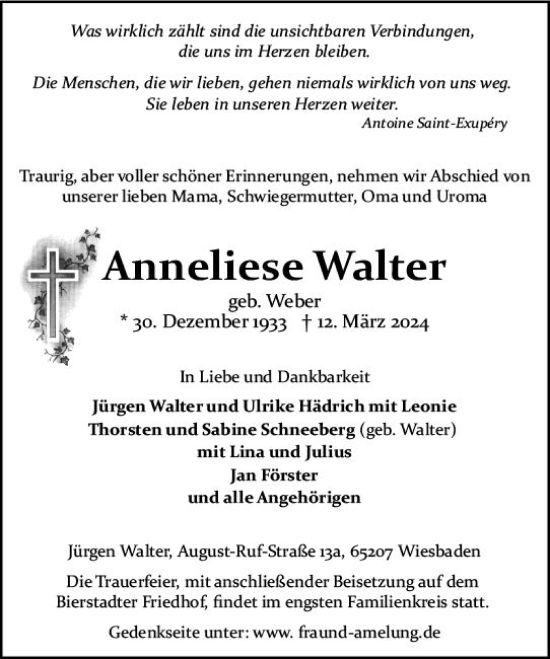 Traueranzeige von Anneliese Walter von Wiesbadener Kurier