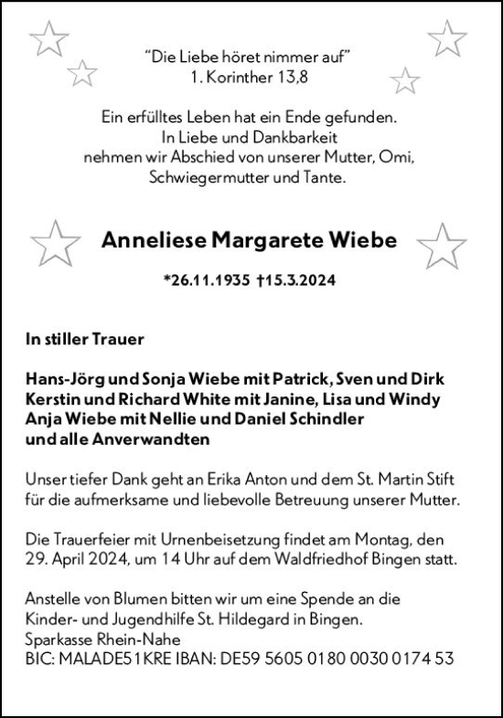Traueranzeige von Anneliese Margarete Wiebe von Binger-/Ingelheimer Wochenblatt