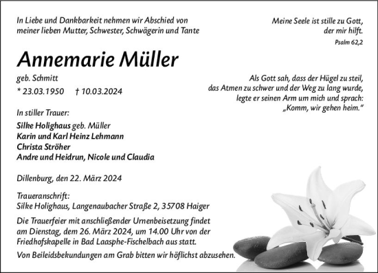 Traueranzeige von Annemarie Müller von Dill Block
