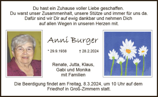 Traueranzeige von Anni Burger von Dieburger Anzeiger/Groß-Zimmerner Lokal-Anzeiger