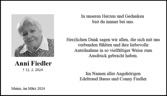 Traueranzeige von Anni Fiedler von Allgemeine Zeitung Mainz